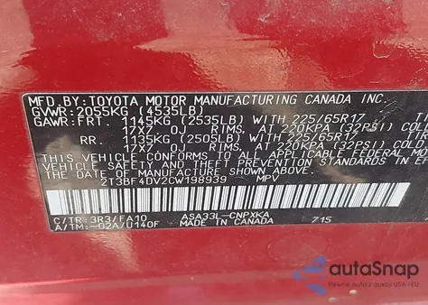 2012 Toyota Rav4 z USA, uszkodzony, nr VIN 2T3BF4DV2CW198939